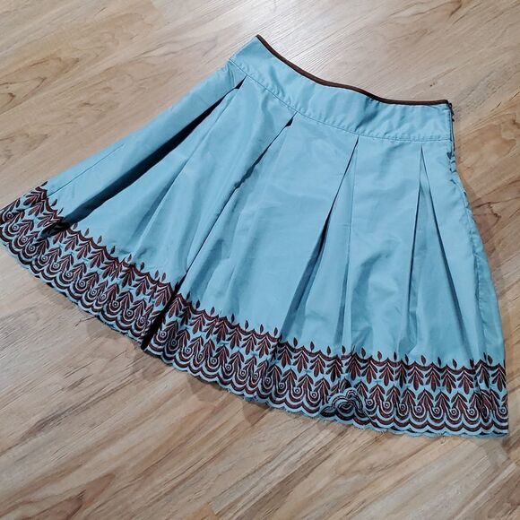 🔺️Anthropologie Ladakh Blue & Brown Embroidered Skirt Size 10 - Picture 1 of 8